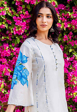 Hand Painted Chanderi Silk Straight Kurta Set in White