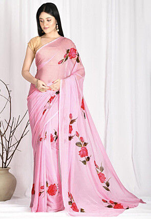 Hand Painted Chiffon Saree in Baby Pink