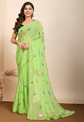 Hand Painted Chiffon Saree in Light Green