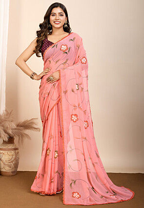 Hand Painted Chiffon Saree in Peach