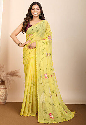 Hand Painted Chiffon Saree in Yellow