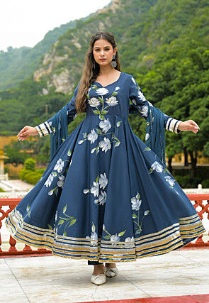 Hand Painted Cotton A Line Suit in Blue