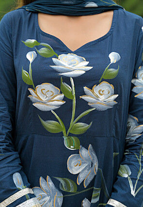 Hand Painted Cotton A Line Suit in Blue