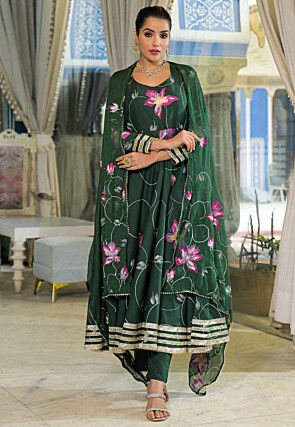 Hand Painted Cotton A Line Suit in Dark Green