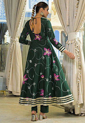 Hand Painted Cotton A Line Suit in Dark Green