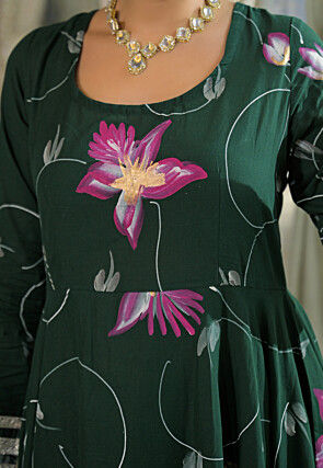 Hand Painted Cotton A Line Suit in Dark Green