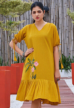 Hand Painted Cotton Dress in Mustard