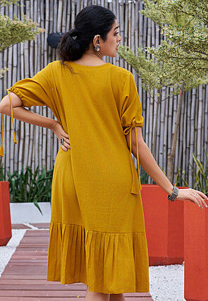 Hand Painted Cotton Dress in Mustard