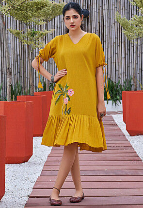 Hand Painted Cotton Dress in Mustard