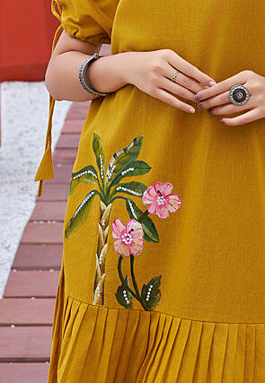 Hand Painted Cotton Dress in Mustard