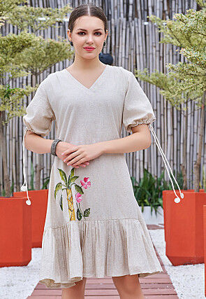 Hand Painted Cotton Dress in Off White