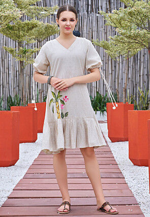 Hand Painted Cotton Dress in Off White