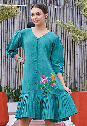 Hand Painted Cotton Dress in Teal Blue