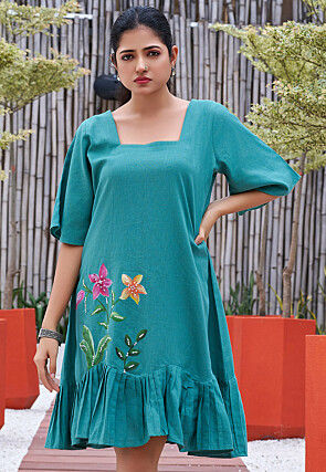 Hand Painted Cotton Dress in Teal Blue