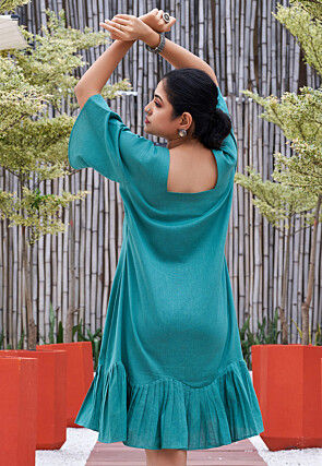 Hand Painted Cotton Dress in Teal Blue