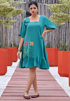 Hand Painted Cotton Dress in Teal Blue