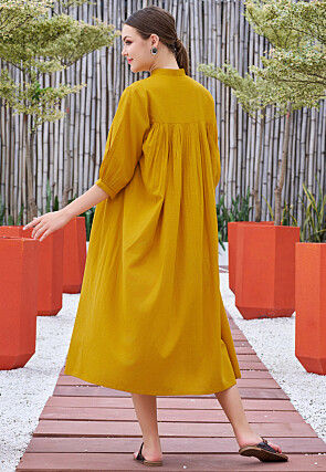 Hand Painted Cotton Midi Dress in Mustard