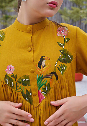 Hand Painted Cotton Midi Dress in Mustard