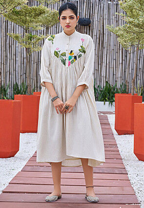 Hand Painted Cotton Midi Dress in Off White