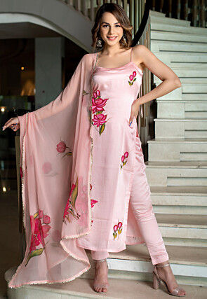 Hand Painted Crepe Pakistani Suit in Baby Pink