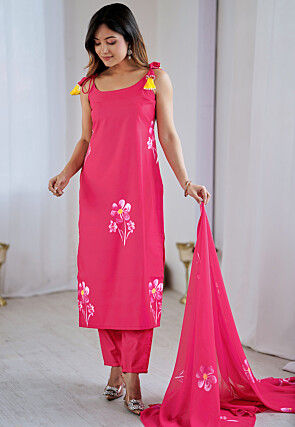 Hand Painted Crepe Pakistani Suit in Fuchsia