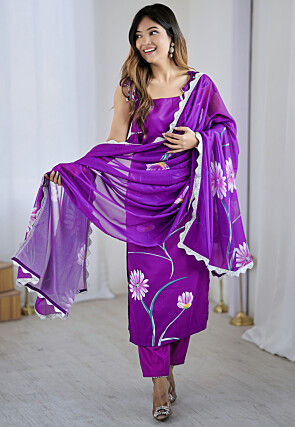 Hand Painted Crepe Pakistani Suit in Purple