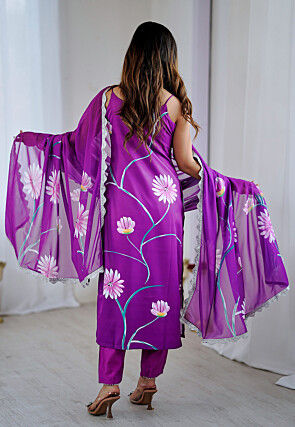 Hand Painted Crepe Pakistani Suit in Purple