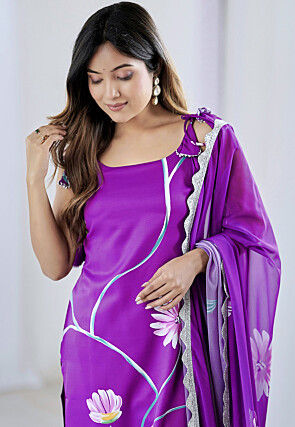 Hand Painted Crepe Pakistani Suit in Purple