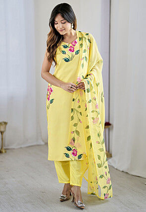 Hand Painted Crepe Pakistani Suit in Yellow