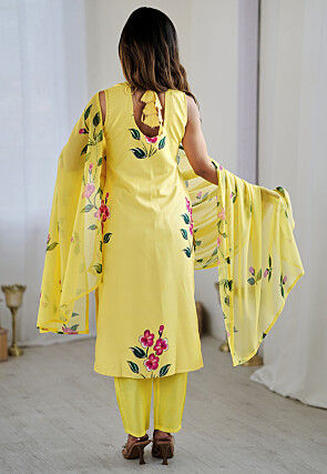Hand Painted Crepe Pakistani Suit in Yellow