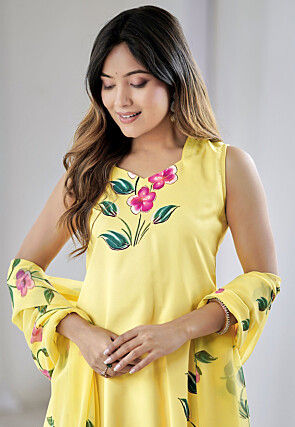 Hand Painted Crepe Pakistani Suit in Yellow