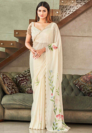 Hand Painted Georgette Brasso Saree in Cream