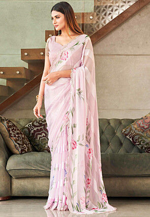 Hand Painted Georgette Brasso Saree in Pink