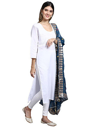 Hand Painted Georgette Dupatta in Dark Teal Blue