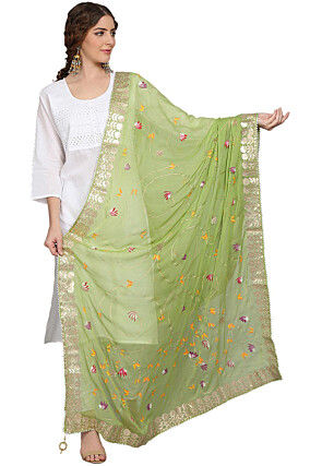 Hand Painted Georgette Dupatta in Light Olive Green