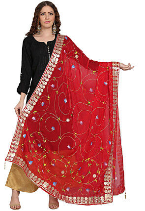 Hand Painted Organza Dupatta in Red