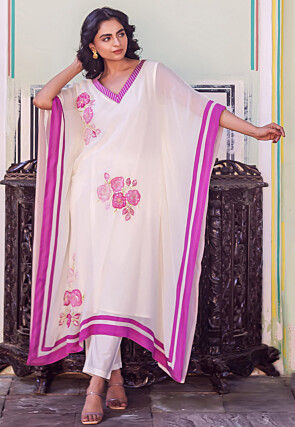 Hand Painted Georgette Kaftan Set in Off White