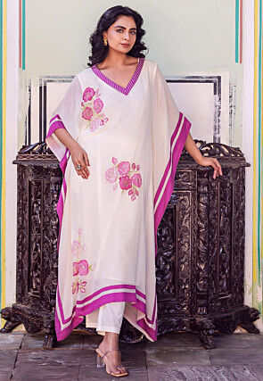 Hand Painted Georgette Kaftan Set in Off White
