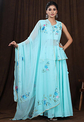 Hand Painted Georgette Lehenga in Light Blue