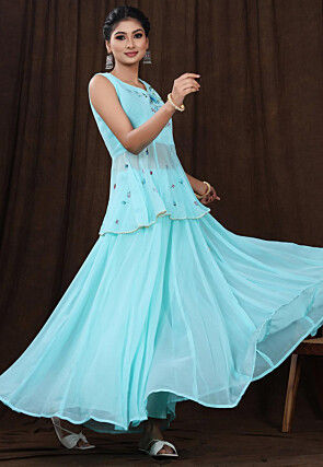 Hand Painted Georgette Lehenga in Light Blue