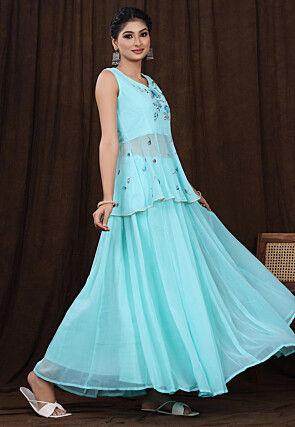 Hand Painted Georgette Lehenga in Light Blue