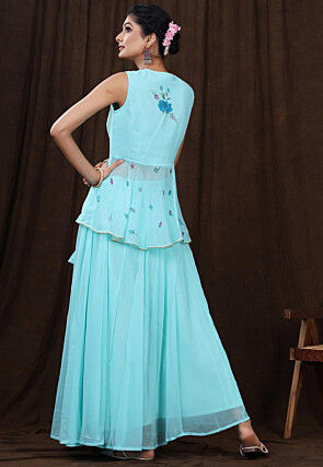 Hand Painted Georgette Lehenga in Light Blue
