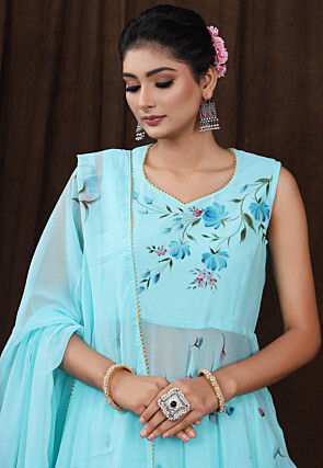 Hand Painted Georgette Lehenga in Light Blue