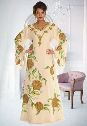 Hand Painted Georgette Moroccan Abaya in Cream