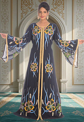Hand Painted Georgette Moroccan Abaya in Navy Blue