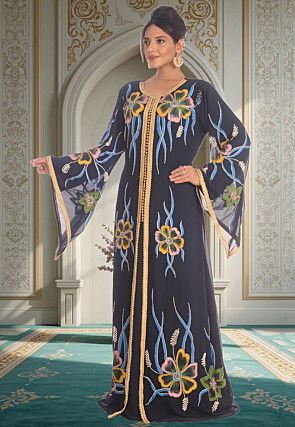 Hand Painted Georgette Moroccan Abaya in Navy Blue
