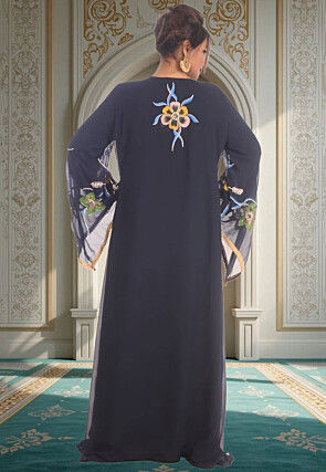 Hand Painted Georgette Moroccan Abaya in Navy Blue