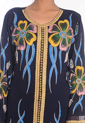 Hand Painted Georgette Moroccan Abaya in Navy Blue
