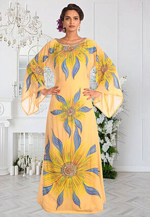 Hand Painted Georgette Moroccan Abaya in Yellow