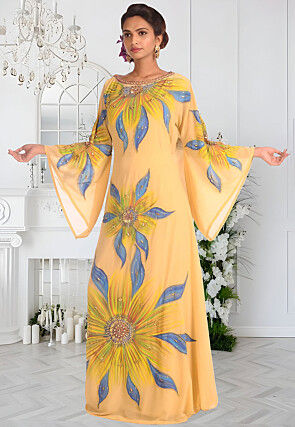 Hand Painted Georgette Moroccan Abaya in Yellow